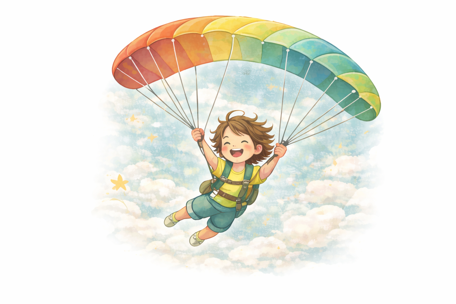 Illustration: Kind mit Fallschirm – Symbol für Mut, Entwicklung und Zuversicht